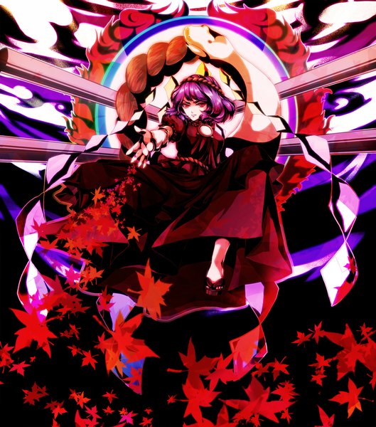Anime picture 1050x1190 with touhou yasaka kanako awa toka single tall image short hair red eyes purple hair girl dress leaf (leaves) sandals rope