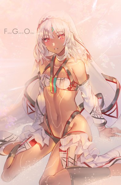 Anime picture 526x800 with fate (series) fate/grand order fate/extra fate/extella altera (fate) yoshimoto (dear life) single tall image looking at viewer short hair light erotic red eyes sitting silver hair arm support copyright name dark skin wariza girl swimsuit