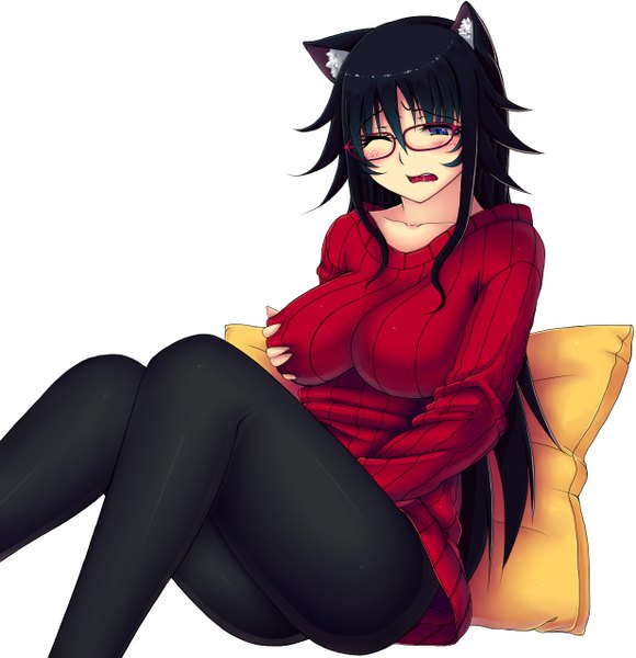 Anime picture 1233x1275 with original kisaragi yakumo single long hair tall image blush open mouth blue eyes light erotic black hair simple background white background animal ears one eye closed wink cat ears cat girl breast grab girl pillow