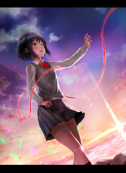 Anime picture 1300x1781 with kimi no na wa miyamizu mitsuha kachayori single tall image short hair open mouth black hair brown eyes looking away sky cloud (clouds) pleated skirt from below outstretched arm glowing letterboxed walking upskirt girl