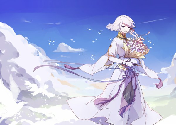 Anime picture 1200x855 with last exile gonzo dio eracles single long hair smile purple eyes sky cloud (clouds) white hair braid (braids) boy flower (flowers) ribbon (ribbons) hair ribbon bouquet lily (flower)