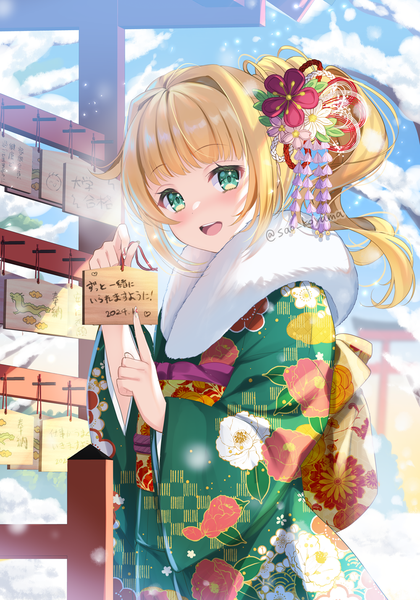 Anime picture 1000x1427 with original koyama sao single long hair tall image looking at viewer blush fringe open mouth blonde hair green eyes signed payot blunt bangs traditional clothes :d japanese clothes twitter username side ponytail new year