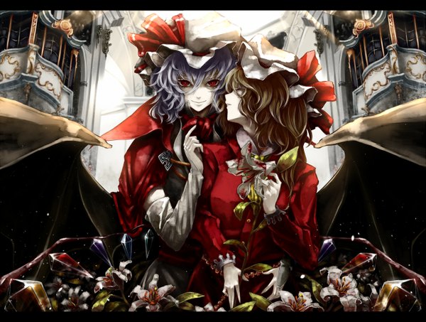 Anime picture 1367x1034 with touhou flandre scarlet remilia scarlet fujinohara akihira looking at viewer short hair blonde hair smile red eyes multiple girls silver hair shoujo ai girl dress flower (flowers) 2 girls wings bonnet crystal