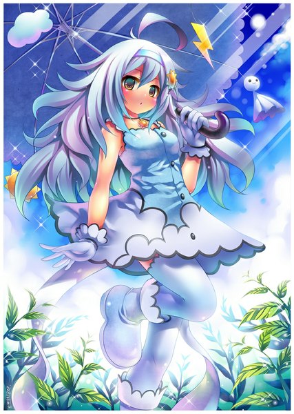Anime picture 787x1105 with original emperpep single long hair tall image blush brown eyes sky purple hair cloud (clouds) ahoge sunlight :o girl thighhighs dress gloves hair ornament white thighhighs pendant