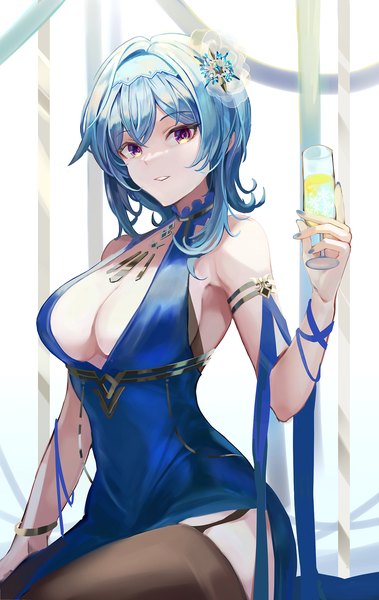 Anime picture 1264x2000 with genshin impact eula lawrence brot single tall image looking at viewer fringe short hair breasts light erotic hair between eyes large breasts sitting purple eyes holding blue hair cleavage nail polish parted lips arm up