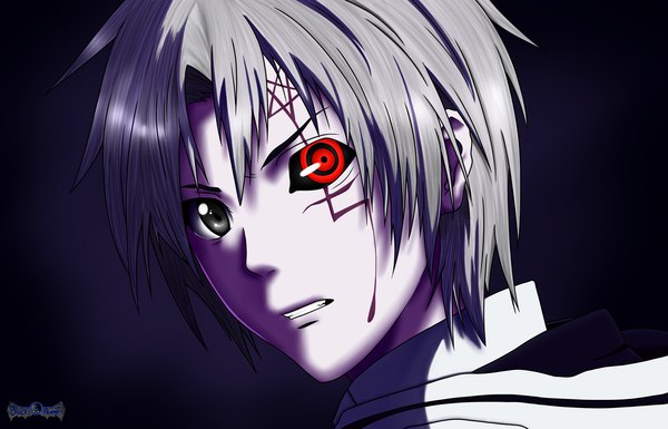 Anime picture 3000x1929 with d.gray-man allen walker black-avenger single highres short hair signed looking away grey hair teeth grey eyes facial mark dark background scar close-up clenched teeth frown black sclera demon eyes boy