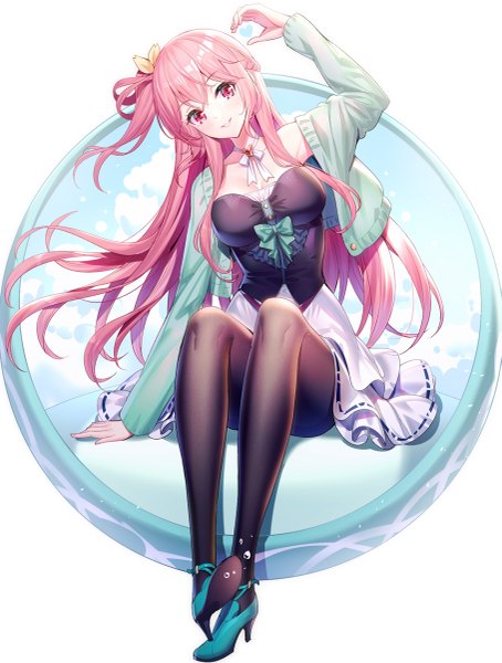 Anime picture 909x1200 with original emily stock ririko (zhuoyandesailaer) single long hair tall image looking at viewer blush fringe breasts simple background smile white background sitting pink hair cleavage full body bent knee (knees) parted lips head tilt