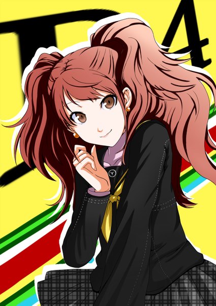Anime picture 1074x1517 with persona 4 persona kujikawa rise niyang53 single long hair tall image looking at viewer smile brown hair twintails brown eyes light smile wavy hair girl uniform school uniform earrings jewelry