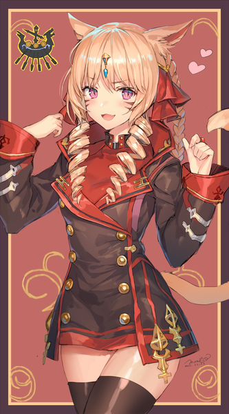 Anime picture 667x1200 with final fantasy final fantasy xiv square enix miqo'te momoko (momopoco) single long hair tall image blush blonde hair smile signed animal ears looking away tail braid (braids) animal tail cat ears cat girl cat tail