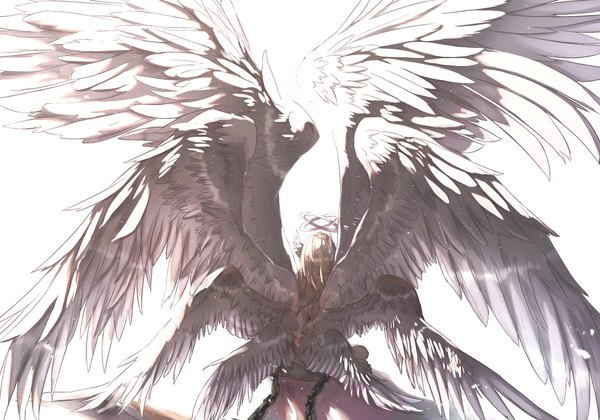Anime picture 2000x1400 with original lucy (rusi-juren328) single long hair highres simple background blonde hair white background from behind angel wings head wings white wings angel multiple wings girl wings blood chain halo