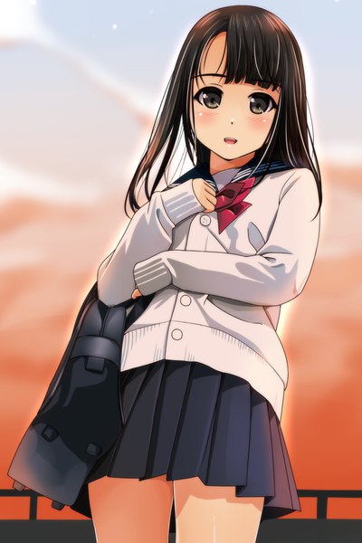 Anime picture 800x1200 with original matsunaga kouyou single long hair tall image looking at viewer blush fringe open mouth black hair sky black eyes girl skirt uniform miniskirt serafuku school bag cardigan