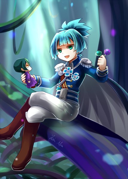 Anime picture 713x1000 with yu-gi-oh! yu-gi-oh! arc-v shiunin sora kurosaki shun tada nya single tall image looking at viewer fringe short hair open mouth sitting holding green eyes signed blue hair ponytail sunlight crossed legs happy