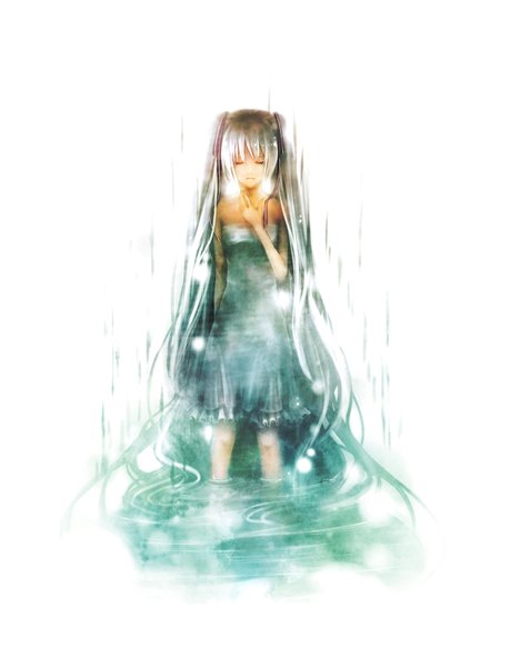 Anime picture 1300x1700 with vocaloid hatsune miku dlei single tall image simple background white background twintails eyes closed very long hair alternate costume hand on chest sad ripples alternate color girl dress water white dress