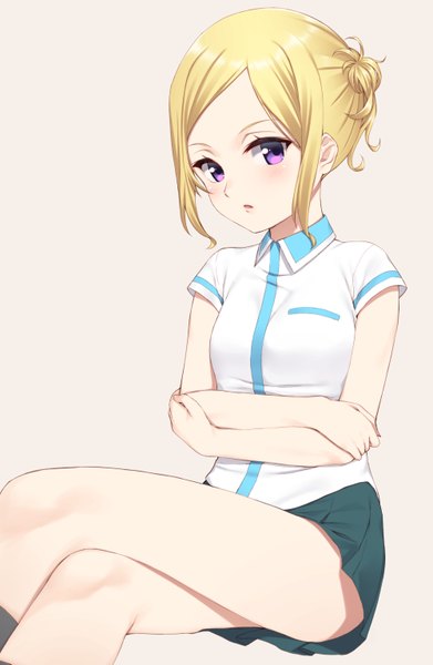 Anime picture 1000x1533 with kuromukuro p.a. works sophie noelle mikazuchi zeus single tall image looking at viewer blush short hair blonde hair sitting purple eyes crossed legs girl skirt miniskirt