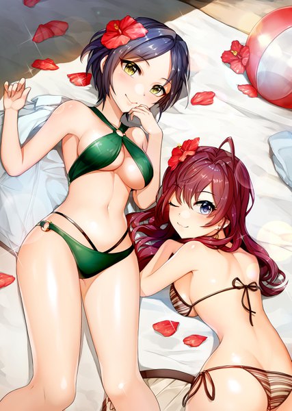 Anime picture 2209x3106 with idolmaster idolmaster cinderella girls ichinose shiki hayami kanade jai (whany1998) long hair tall image looking at viewer blush fringe highres short hair breasts blue eyes light erotic smile hair between eyes brown hair multiple girls yellow eyes