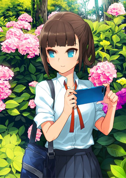 Anime picture 900x1273 with original ress single tall image blush fringe short hair blue eyes smile brown hair standing holding payot looking away outdoors blunt bangs pleated skirt twisty sleeves girl skirt