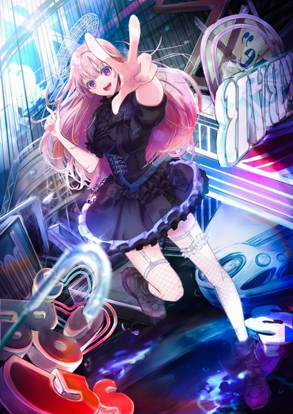 Anime picture 1448x2048 with original hirose (10011) single long hair tall image looking at viewer fringe open mouth smile hair between eyes standing pink hair full body :d pink eyes teeth dutch angle outstretched arm standing on one leg frilly skirt