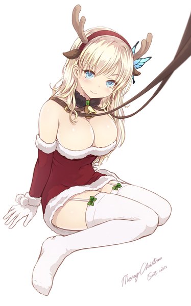 Anime picture 1000x1603 with boku wa tomodachi ga sukunai kashiwazaki sena cait single long hair tall image looking at viewer blush breasts blue eyes light erotic simple background blonde hair large breasts white background cleavage horn (horns) girl thighhighs dress