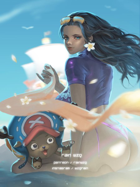 Anime picture 1500x2000 with one piece toei animation nico robin tony tony chopper rainwzq long hair tall image looking at viewer breasts open mouth blue eyes light erotic black hair smile large breasts sitting holding payot looking away sky