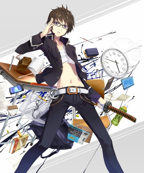 Anime picture 1000x1200 with original orda single tall image looking at viewer short hair brown hair purple eyes open clothes open jacket adjusting glasses broken boy weapon sword glasses jacket belt katana book (books)