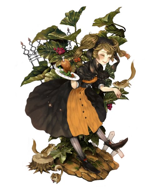 Anime picture 1024x1260 with sound horizon buranko (marchen) ns (pixiv) single tall image blush blonde hair smile white background twintails eyes closed girl dress plant (plants) animal food hairband squirrel stump