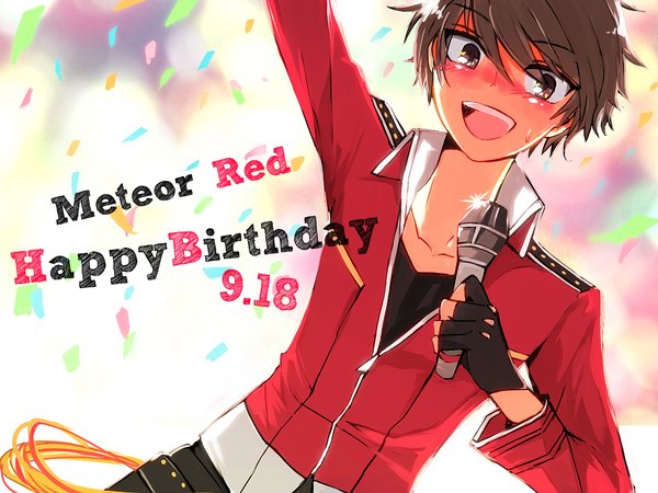 Anime picture 1024x768 with ensemble stars! morisawa chiaki kiko (strategist) single blush short hair open mouth brown hair brown eyes upper body arm up teeth dutch angle dated happy birthday boy gloves fingerless gloves microphone
