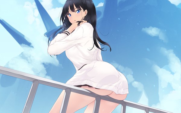 Anime picture 1280x800 with gridman universe ssss.gridman studio trigger takarada rikka cait single long hair looking at viewer blush fringe open mouth blue eyes light erotic black hair sitting sky cloud (clouds) outdoors ass looking back