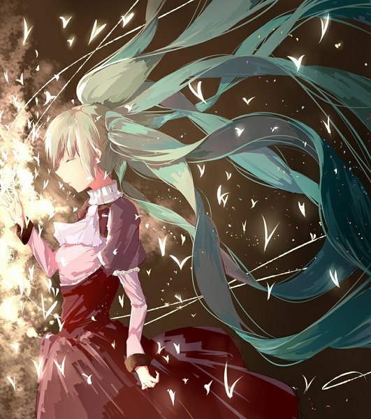 Anime picture 1000x1129 with vocaloid hatsune miku lilikou single tall image fringe breasts standing twintails very long hair profile aqua hair alternate costume glow girl dress