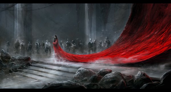 Anime picture 1600x864 with original chris cold long hair black hair wide image group spot color gloom soldier girl dress boy red dress stairs stone (stones) pillar people column queen