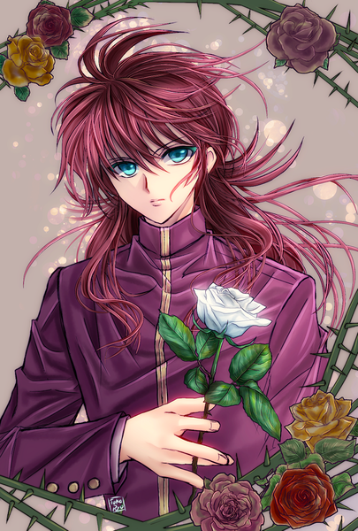 Anime picture 800x1185 with yu yu hakusho kurama tsukasaki ryouko single long hair tall image looking at viewer fringe hair between eyes yellow eyes upper body red hair aqua eyes expressionless messy hair boy uniform flower (flowers) school uniform rose (roses)