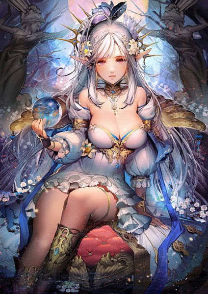 Anime picture 1000x1415 with original liduke single long hair tall image looking at viewer fringe breasts light erotic large breasts sitting purple eyes bare shoulders cleavage silver hair ahoge braid (braids) parted lips hair flower pointy ears