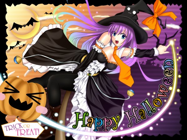 Anime picture 1200x900 with original fule single long hair open mouth blue eyes pink hair halloween crescent > < happy halloween trick or treat girl bow hat detached sleeves pantyhose necktie witch hat vegetables