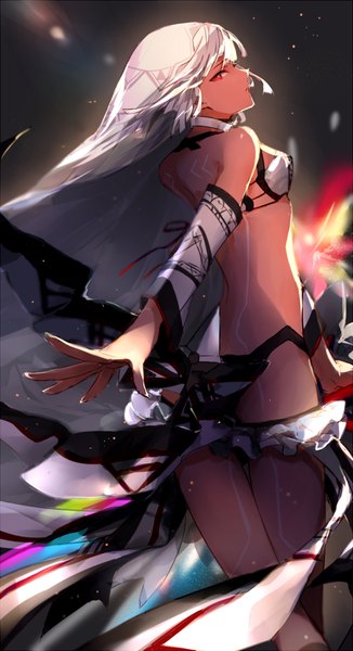 Anime picture 600x1104 with fate (series) fate/grand order altera (fate) fukuda935 single tall image looking at viewer short hair light erotic red eyes bare shoulders white hair profile looking back from behind bare belly outstretched arm dark skin bodypaint girl