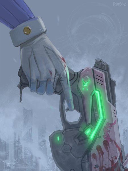 Anime picture 1920x2560 with overwatch blizzard entertainment d.va (overwatch) rinboz tall image highres holding signed glow bloody weapon trigger discipline girl gloves weapon white gloves gun blood hand