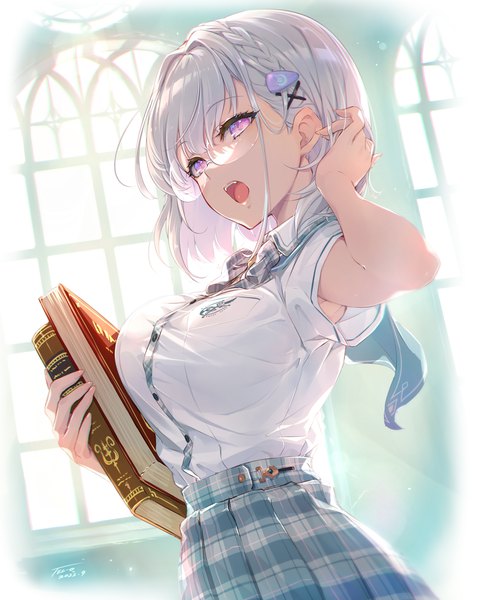 Anime picture 2464x3100 with original tel-o single tall image looking at viewer fringe highres short hair breasts open mouth large breasts holding signed silver hair upper body braid (braids) pleated skirt pink eyes arm up sunlight
