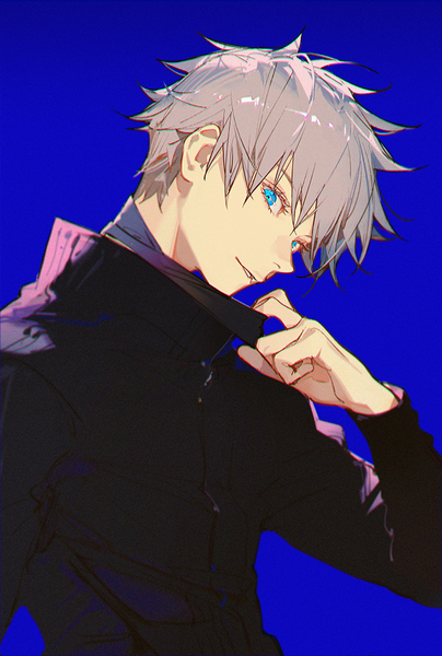 Anime picture 673x1000 with jujutsu kaisen mappa gojou satoru ask (askzy) single tall image looking at viewer short hair blue eyes simple background silver hair upper body profile blue background boy