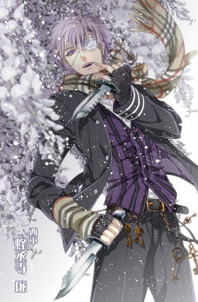 Anime picture 623x947 with original tamahagane gakuen touransai uehara (artist) single tall image looking at viewer short hair open mouth purple eyes holding purple hair open clothes open jacket finger to mouth boy gloves flower (flowers) plant (plants) shirt black gloves