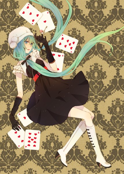 Anime picture 2122x2976 with vocaloid hatsune miku ku ko san single long hair tall image highres twintails aqua eyes aqua hair girl dress gloves elbow gloves boots black dress necklace cap card (cards) key