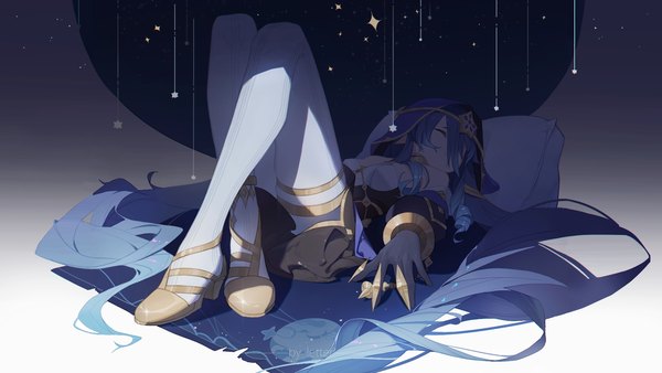 Anime picture 1696x954 with genshin impact layla (genshin impact) lettereast single fringe hair between eyes wide image blue hair full body lying eyes closed very long hair on back sleeping girl pantyhose white pantyhose