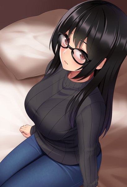 Anime-Bild 700x1028 mit original huyumitsu single long hair tall image looking at viewer fringe breasts black hair large breasts sitting brown eyes payot long sleeves from above denim girl glasses pillow bed