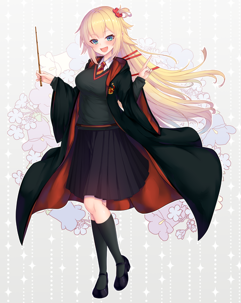 Anime picture 4840x6080 with harry potter virtual youtuber hololive akai haato yoshiheihe single long hair tall image looking at viewer blush highres breasts open mouth blue eyes blonde hair smile large breasts standing holding payot