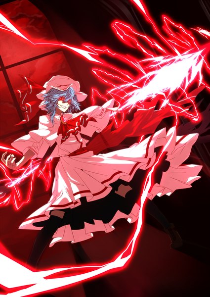 Anime picture 1500x2117 with touhou remilia scarlet shukusuri single tall image looking at viewer short hair smile red eyes blue hair magic spread arms girl dress bonnet spear the gungnir