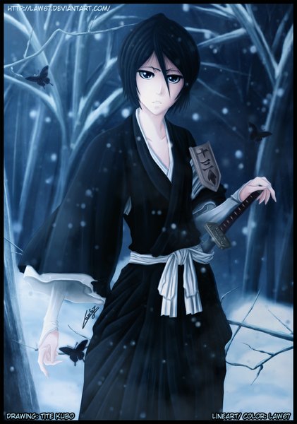 Anime picture 772x1100 with bleach studio pierrot kuchiki rukia law67 single tall image looking at viewer short hair blue eyes black hair traditional clothes japanese clothes coloring snowing winter snow framed girl weapon plant (plants)