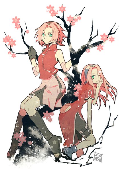 Anime picture 632x900 with naruto studio pierrot naruto (series) haruno sakura retpa long hair tall image looking at viewer fringe short hair smile hair between eyes standing white background sitting bare shoulders multiple girls green eyes signed pink hair