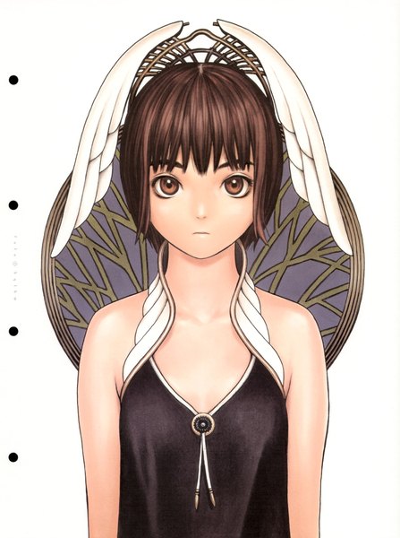 Anime picture 1280x1720 with futurhythm (artbook) range murata single tall image looking at viewer fringe short hair simple background brown hair white background upper body scan orange eyes expressionless head wings bob cut girl wings