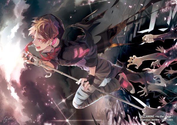 Anime picture 1280x905 with nico nico singer glutamine (nico nico singer) rahwia short hair open mouth brown hair signed sky cloud (clouds) pink eyes inscription teeth torn clothes striped jumping boy gloves necktie shoes headphones