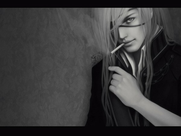 Anime picture 1024x768 with dogs: bullets & carnage david production badou nails ripa666 single long hair looking at viewer realistic monochrome letterboxed smoke smoking boy eyepatch cigarette