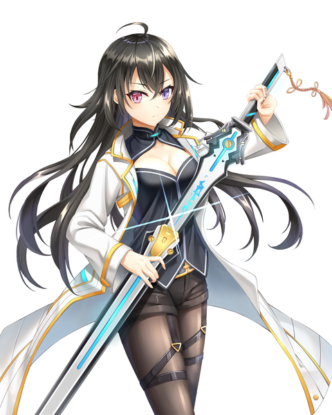 イラスト 3200x4000 と closers bai winchester star-ring ソロ 長髪 長身像 カメラ目線 赤面 前髪 highres おっぱい 黒髪 simple background hair between eyes 赤い目 立つ 白背景 紫目 holding absurdres