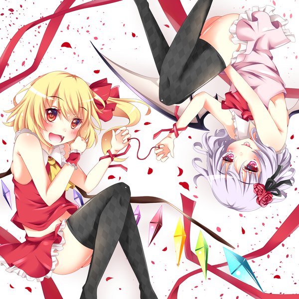 Anime picture 1736x1736 with touhou flandre scarlet remilia scarlet sisterakuma long hair looking at viewer highres open mouth blonde hair smile red eyes multiple girls silver hair hair flower midriff fang (fangs) zettai ryouiki sleeveless one side up side ponytail