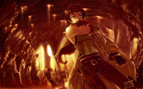 Anime picture 1100x688 with original katou taira blue eyes brown hair wide image wallpaper red background boy gloves fingerless gloves cave